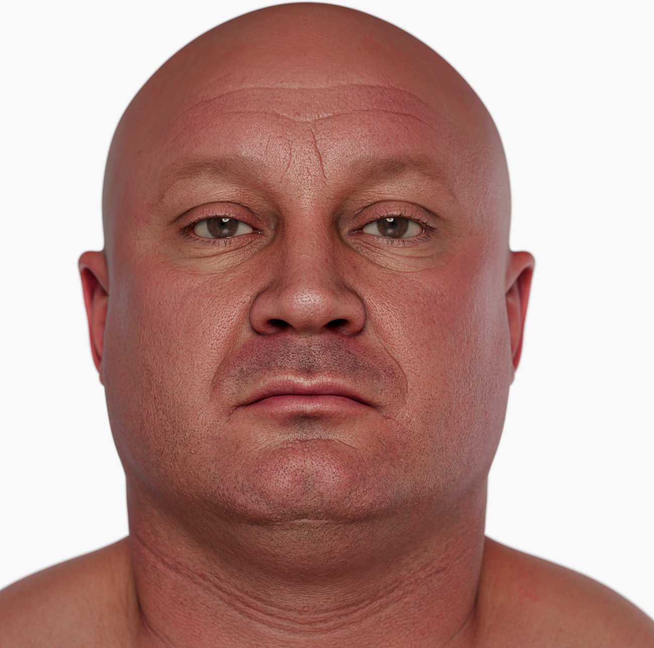 High-resolution head scan render of a middle-aged heavy-set male with smooth skin and strong facial features